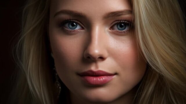 Close up portrait of a woman with blue eyes and blonde hair looking directly at the camera view point