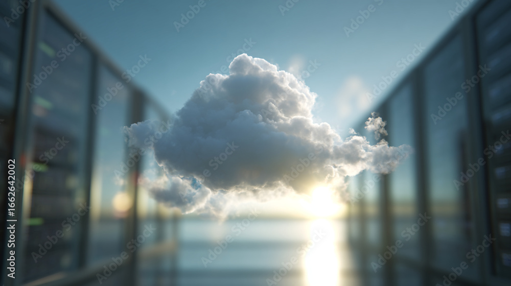 Poster a cloud floats between server racks with bright light shining behind it