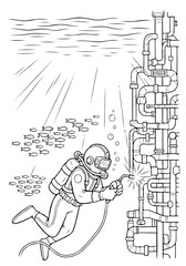 A brave underwater diver working on welding pipes on an oil rig or a large structure coloring page.