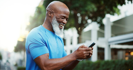 Black man, typing and athlete with smartphone, outdoor and tracking fitness progress on web and...