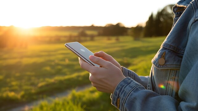 Person using smartphone in a beautiful sunlit grassy field at sunset