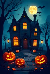 Fototapeta premium Spooky Halloween night with glowing pumpkins in front of haunted house under the moonlight with bats flying in the night sky