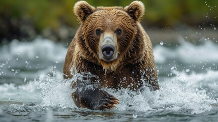 Fototapeta premium A brown grizzly is wading through the water towards viewer