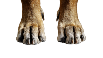 A close-up view of two large, furry animal paws with sharp claws. The image captures the texture and details, emphasizing strength and companionship.
