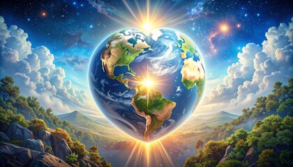 Naklejka premium A magnificent heart shaped Earth glowing in the cosmos, symbolizing love, unity, and hope for humanity, surrounded by stars, clouds, and radiant light connecting nature and the universe.