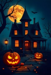 Fototapeta premium Eerie Halloween night scene with haunted house and spooky pumpkins bathed in the glow of a full moon ready for trick-or-treating fun