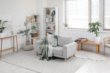 Cozy sofa with plaid, shelving units and houseplants in interior of living room