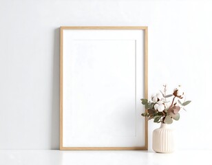 Elegant blank frame mockup with cotton flower vase, perfect for showcasing art, prints, or photography in style