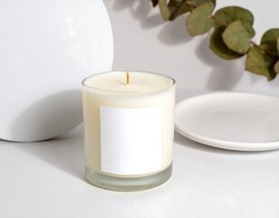 Elegant scented candle with blank label for branding in minimalist spa setting, perfect for relaxation