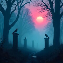 Eerie twilight scene with crows perched on pillars in a foggy landscape, creating a mysterious and captivating atmosphere for Halloween projects