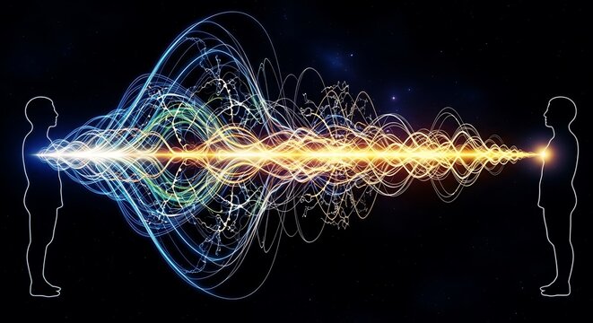 Abstract illustration of human communication through electromagnetic waves, futuristic science and energy field interaction concept
