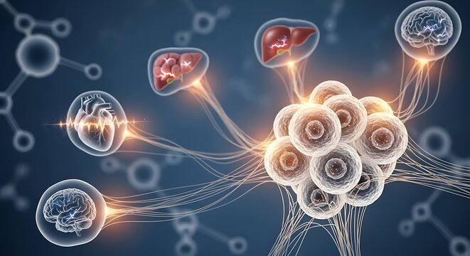Stem cell differentiation illustration showing development into brain, heart, and liver cells, concept of regenerative medicine and biotechnology
