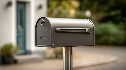 A sleek gray mailbox stands in a serene suburban setting, reflecting modern design and understated elegance.