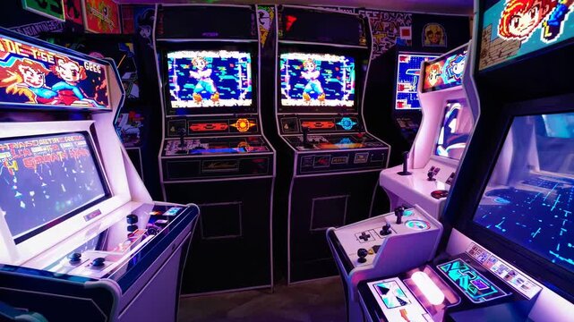 Rows of vibrant machines glow, arcade hall hums, gamers roam arcade hall while neon buzz crowns arcade hall excitement. Concept retro social hub.