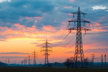 Power lines stretch to the horizon under a colorful sunset sky