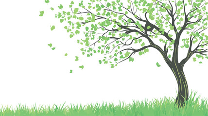 A solitary tree with green leaves scattered by a gentle breeze in a grassy field