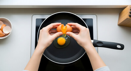 Hands cracking a fresh egg into a frying pan over a stovetop for breakfast