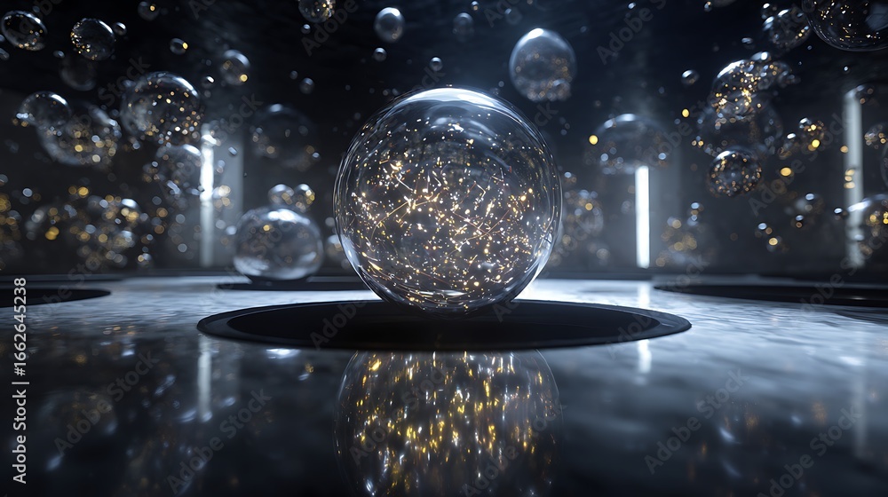Poster a mesmerizing crystal sphere reflecting a galaxy, creating an abstract and artistic background with 