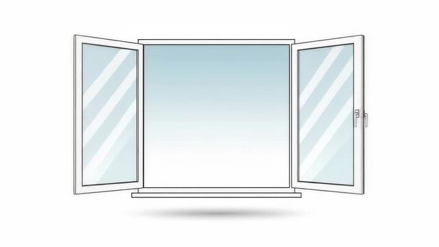 A vector illustration of an open window with white frames and a hint of a sky gradient inside. The two window flaps are slightly ajar