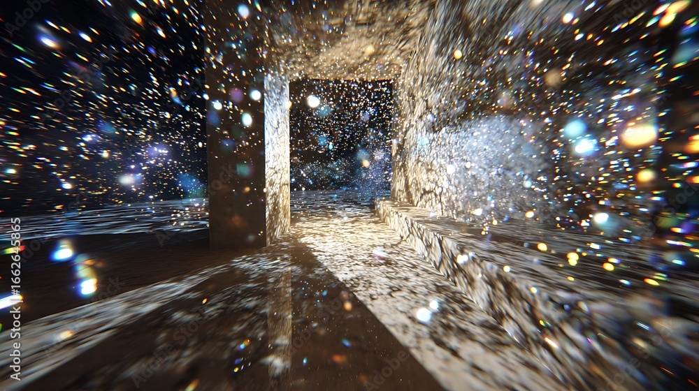 Poster abstract tunnel with sparkling lights and bokeh effect, creating a magical and festive atmosphere fo