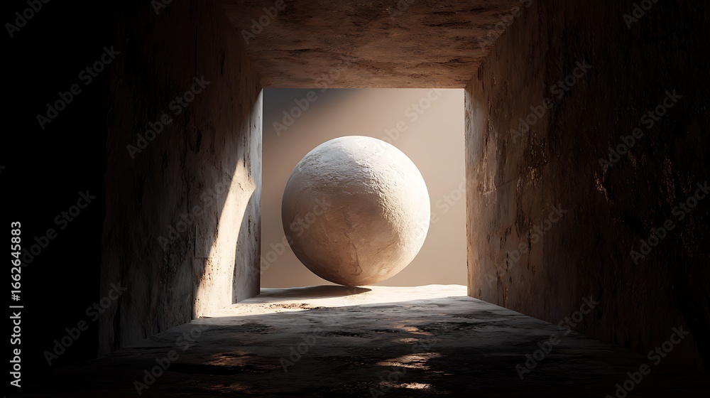 Poster abstract minimalist architecture with a sphere in a concrete tunnel, creating a geometric and textur