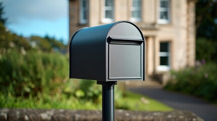 A classic black mailbox stands proudly outside a traditional stone house, surrounded by vibrant greenery.