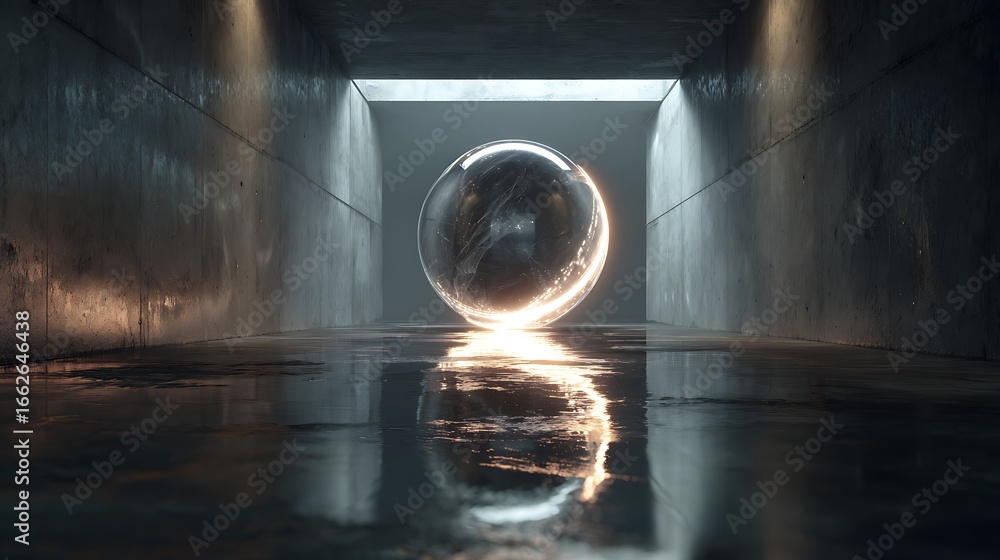 Fototapete a crystal sphere floats in a dark, reflective space, illuminated by soft light, creating a mysteriou