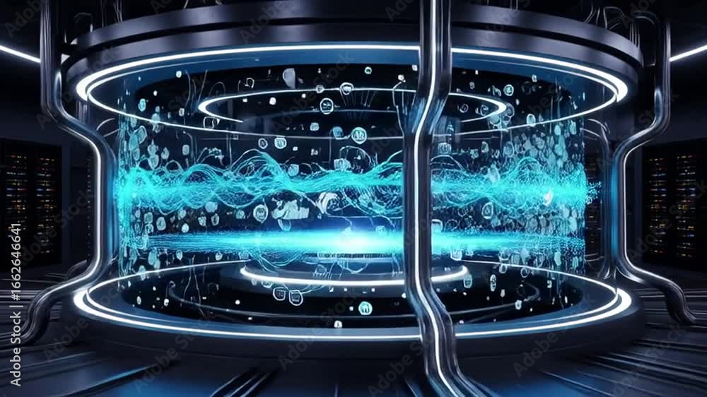 Poster futuristic machine processing data with glowing lights slow motion