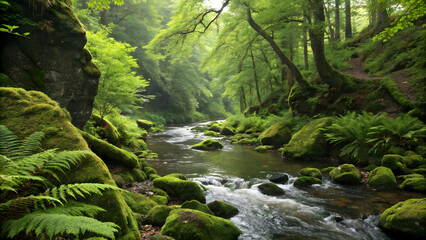 Lush green forest river flowing over moss covered rocks and ferns full hd 4k stock image download stream