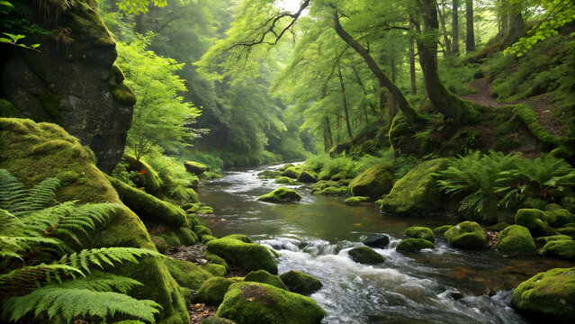 Lush green forest river flowing over moss covered rocks and ferns full hd 4k stock image download stream - Powered by Adobe