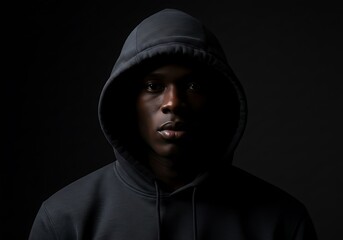 Close-up portrait of a man in a dark hoodie against a black background.