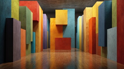 Colorful rectangular shapes fill a concrete room