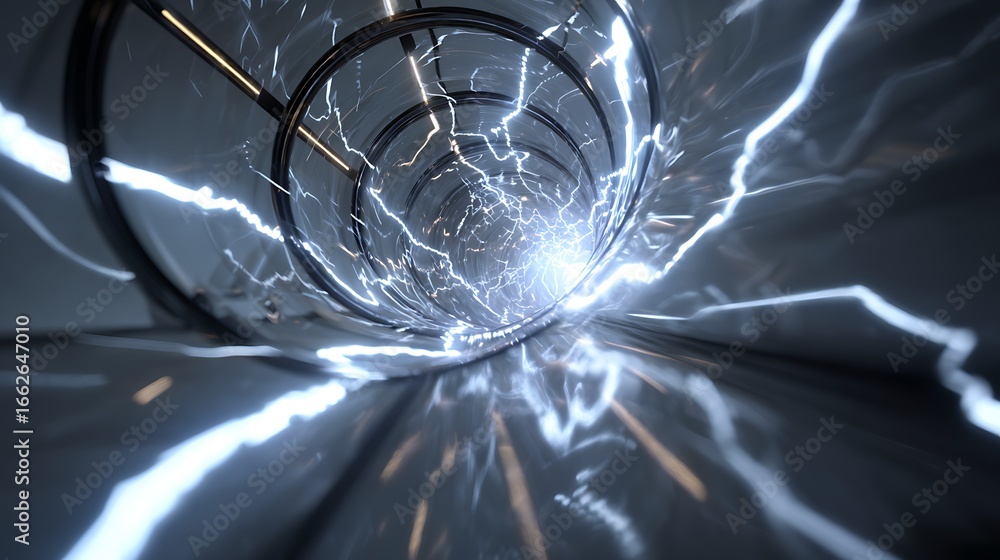Poster futuristic tunnel with lightning bolts, creating a sense of speed and energy in a science fiction se