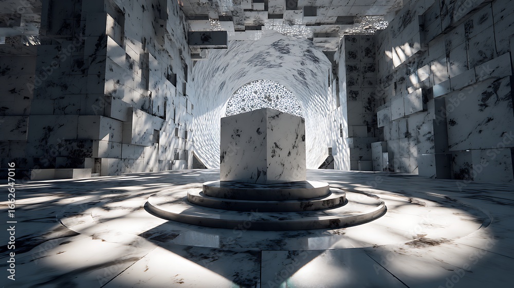 Poster abstract cube structure in a stone room with geometric design, creating a modern and contemporary ar