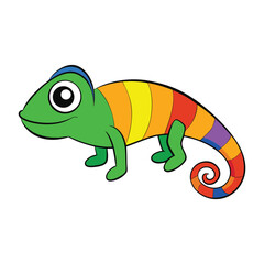 A playful cartoon chameleon with vibrant rainbow colors, big expressive eyes, and a curly tail, perched on a branch, ready to charm with its whimsical hues.
