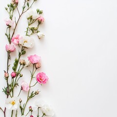 Obraz premium Delicate pastel pink and white flowers arranged vertically on a white background