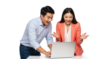 Looking  couple business people laptop colleagues screen  colleagues asian  woman  man excited at
