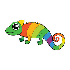 A playful cartoon chameleon with vibrant rainbow colors, big expressive eyes, and a curly tail, perched on a branch, ready to charm with its whimsical hues.
