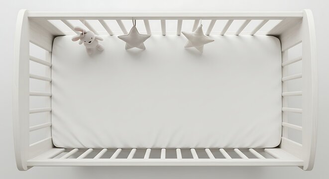 Minimalist White Baby Crib with Stuffed Bunny and Star Decorations in Nursery - Powered by Adobe