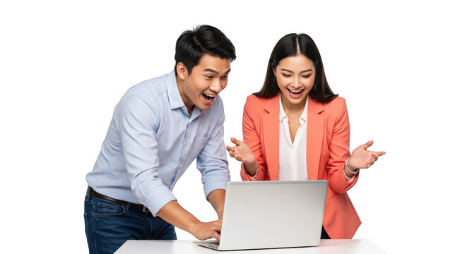 Looking  couple business people laptop colleagues screen  colleagues asian  woman  man excited at