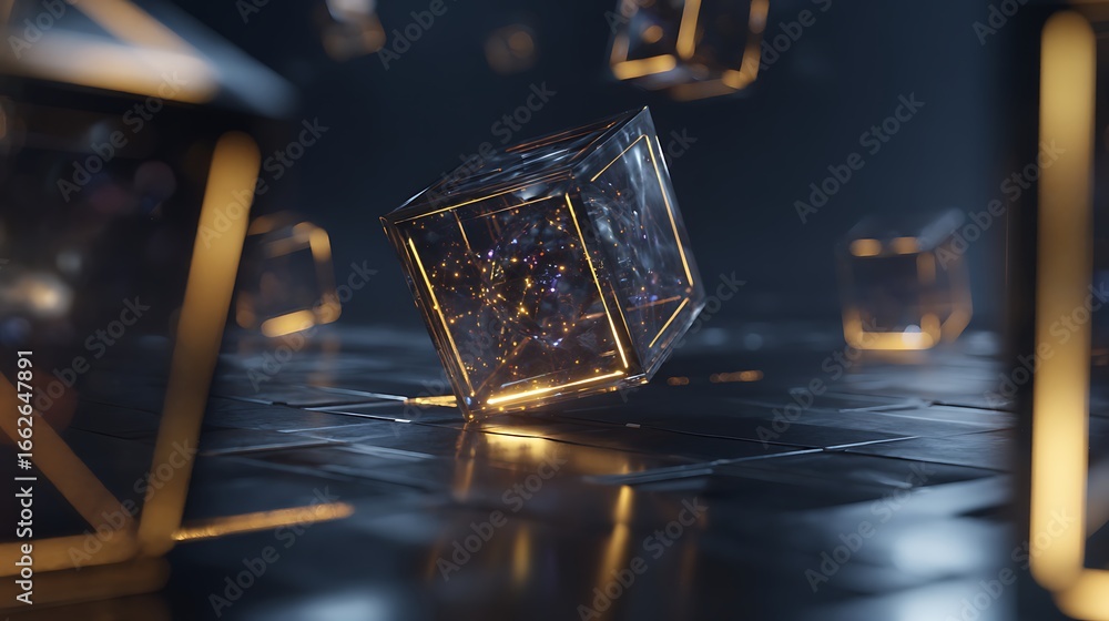 Poster a mesmerizing 3d render showcases a transparent cube with intricate golden lines, floating amidst a 