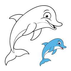 A playful dolphin leaps high above the waves with a big smile, creating a joyful and funny scene. Perfect as a coloring page to spark creativity and ocean fun!
