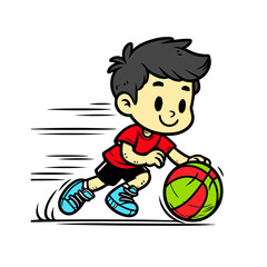 Cute cartoon boy playing basketball and running with happy smile, fun sports illustration for children activity, kids game, sports vector art