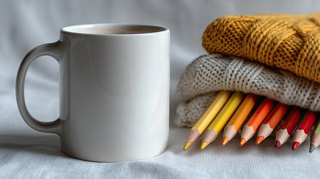 White mug, warm sweaters, colorful pencils on a light fabric surface