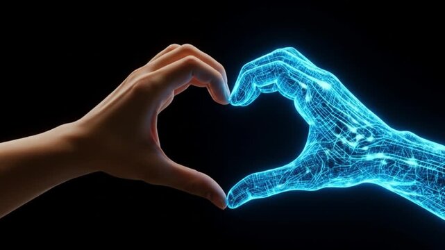 Human hand and digital hand forming a heart shape against a dark background in a studio shot view