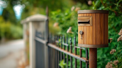A rustic wooden mailbox stands beside an ornate black iron gate, nestled among lush greenery in a serene setting.