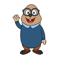 A cheerful mole with round glasses waves happily, spreading friendly vibes. Its cute smile and playful gesture make it look welcoming, kind, and full of joy.
