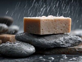 Light beige soap bar on wet rocks under rain