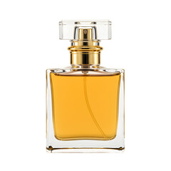 A Square Bottle of Amber Perfume Reflecting Light on isolated on white background, PNG format.