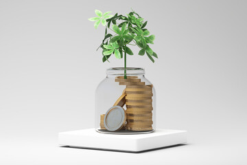 Glass jar filled with coins and a money tree sprouting, surrounded by coin stacks, symbolizing wealth creation and prosperity. 3d rendering